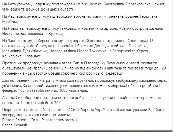 Сводка Генштаба ВСУ по состоянию на 18:00 3 февраля 2023 года