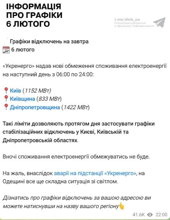 Графики и лимиты на 6 февраля