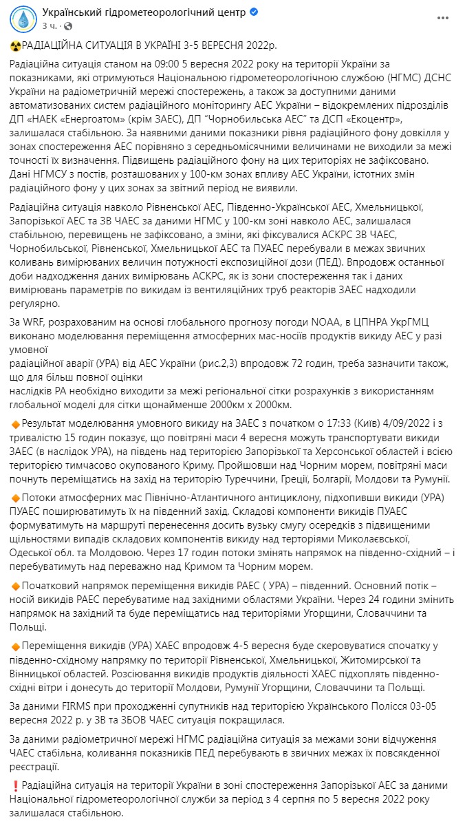 Скриншот из Фейсбука Укргидрометцентра 