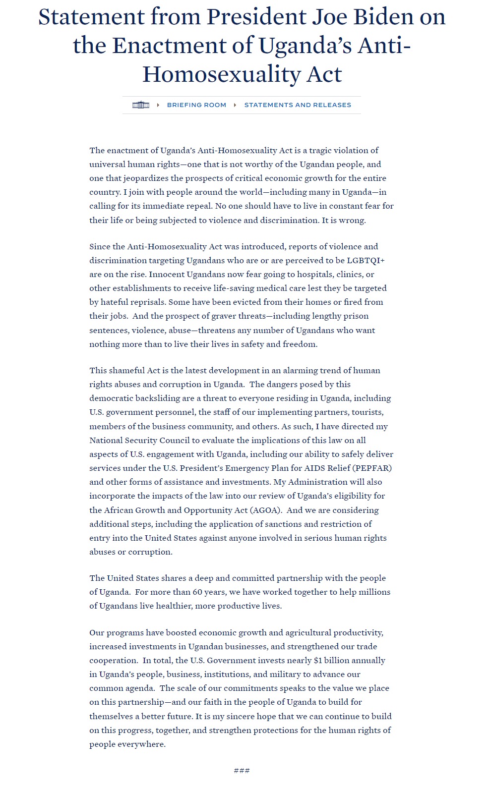 Скриншот с сайта Белого дома