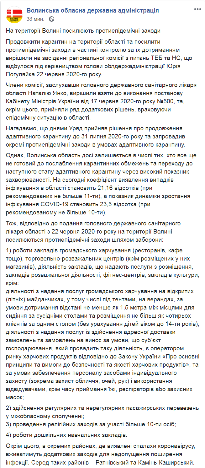 Скриншот из Facebook Волынской ОГА
