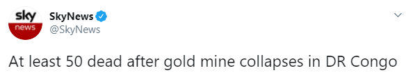 В Конго при обвале рудника погибло не менее 50 человек. Скриншот: Sky News в Твиттере