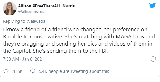 Американки знакомятся с участниками штурма Капитолия в сети и сдают их ФБР. Скриншот: Твиттер