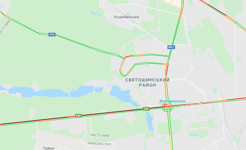 Киев 5 июня сковали пробки. Скриншот: Google Maps