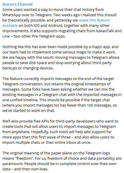 Скриншот: пользователи могут перенести в Telegram данные из других соцсетей