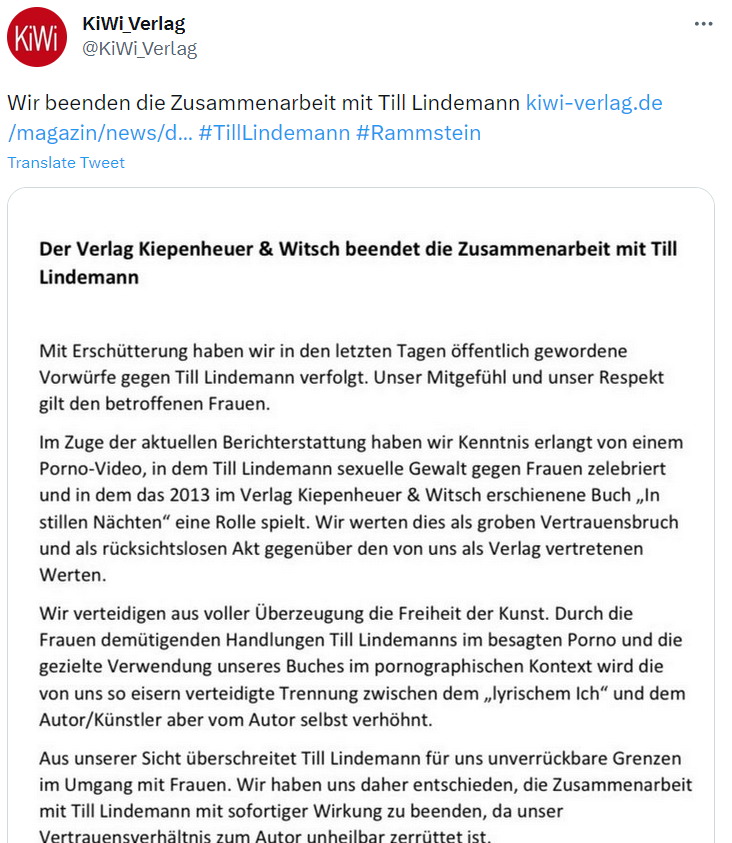 Німецьке видавництво зупинило співпрацю з Тіллем Ліндеманном