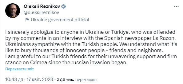 Рєзніков вибачився за порівняння загиблих на війні та в Туреччині