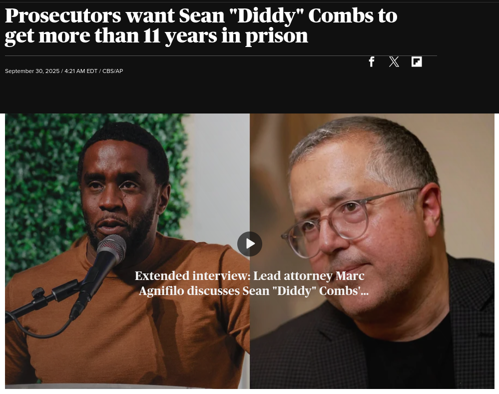 Знімок заголовка на cbsnews.com/news/sean-diddy-combs-prosecutors-11-year-prison-sentence/