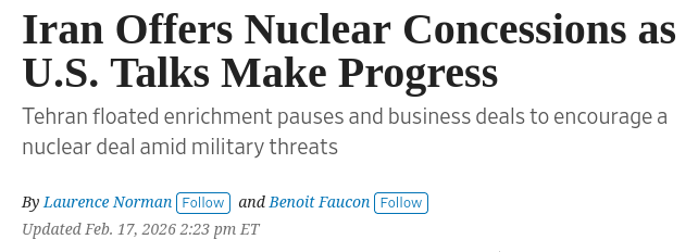 Снимок заголовка на wsj.com &ndash; Иран заявил о прогрессе в переговорах с США 