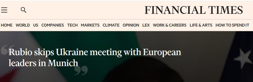 Снимок заголовка на ft.com – Марко Рубио отменил встречу с европейскими лидерами по вопросам остановки войны в Украине