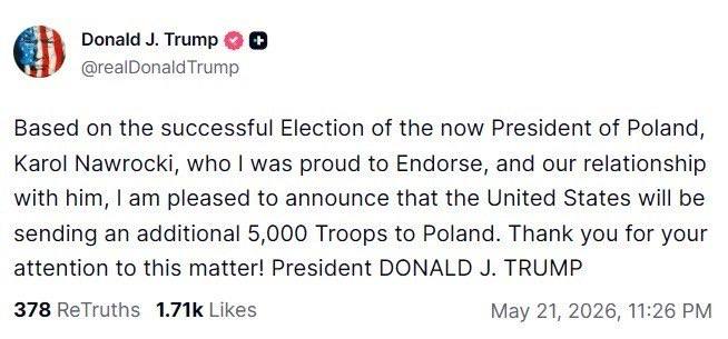 Снимок сообщения на truthsocial.com – Дональд Трамп отправит в Польшу ещё 5000 американских военных