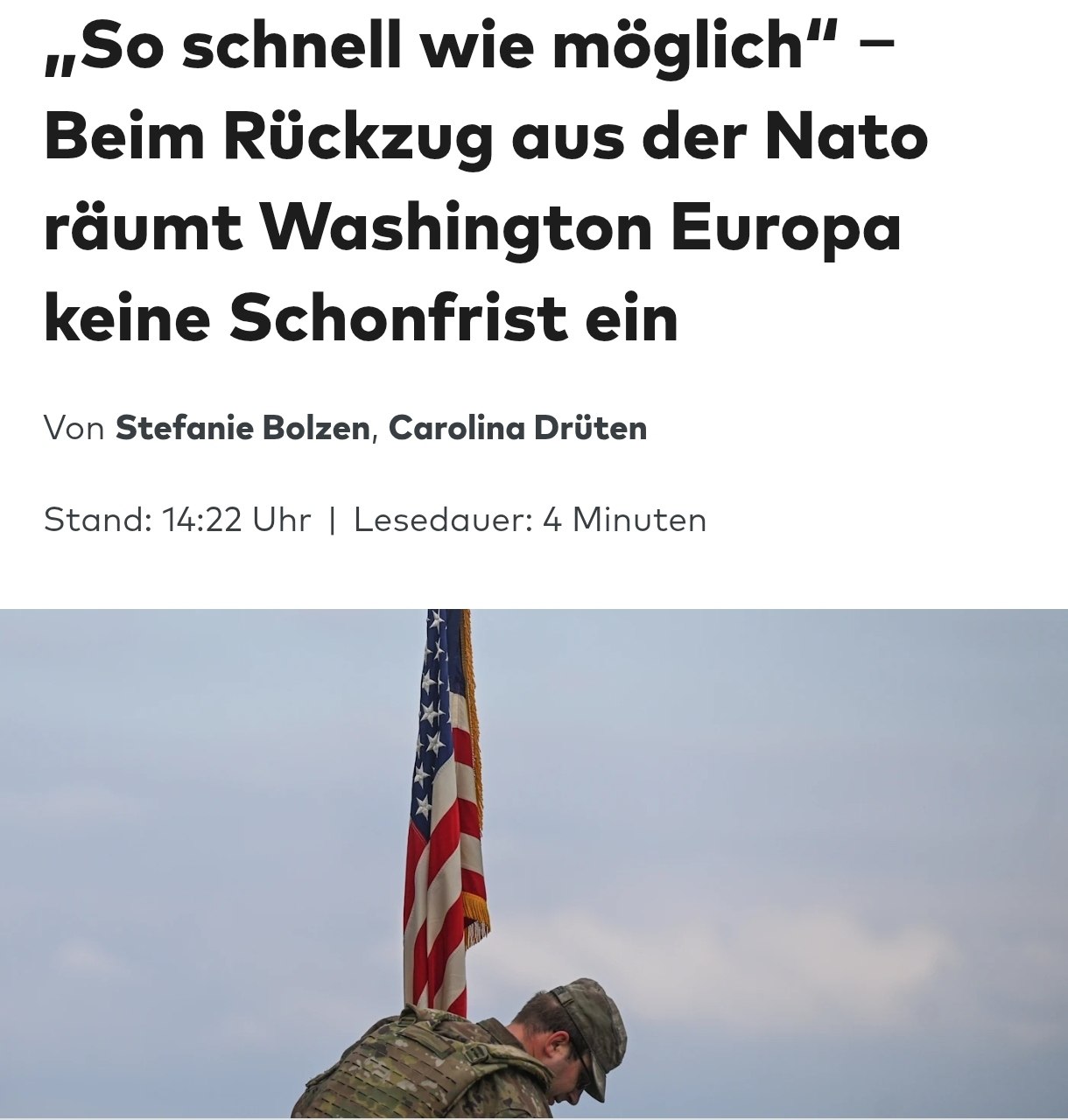 Снимок заголовка на welt.de – США могут ускорить вывод войск из Европы