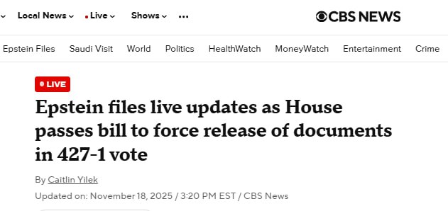 Знімок заголовка на cbsnews.com - У США просувають законопроект про розсекречення матеріалів справи педофіла Епштейна