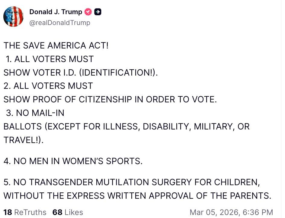 Снимок сообщения на truthsocial.com – Трамп хочет отменить голосование по почте и запретить смену пола детьми
