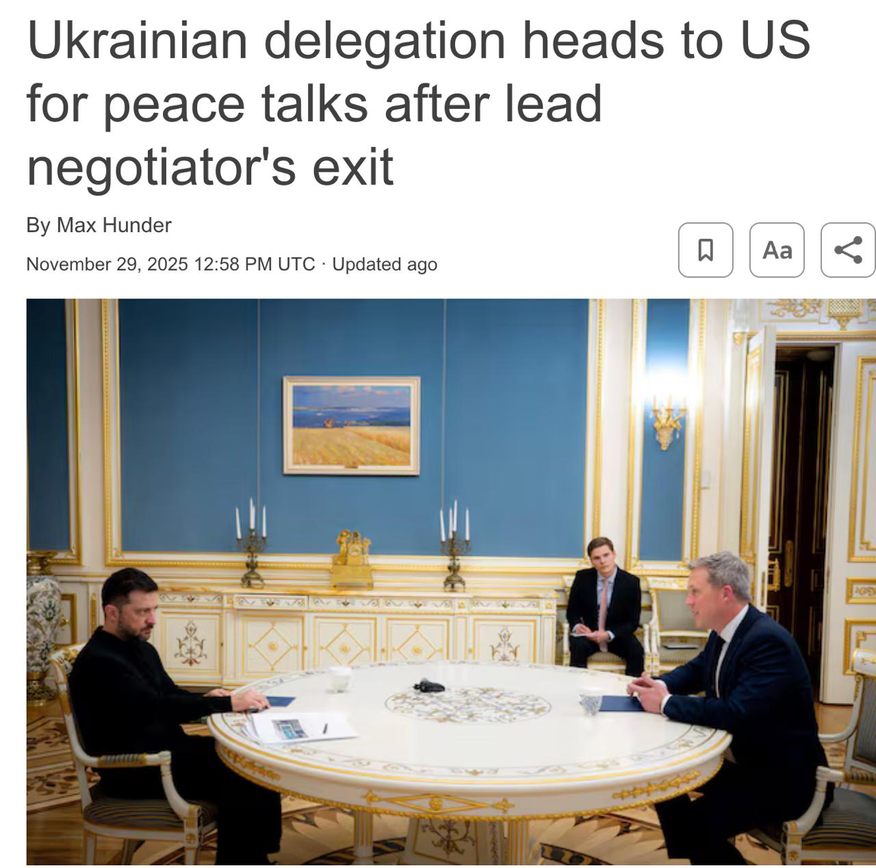 Знімок заголовка на reuters.com - США ухвалить делегацію України для подальших переговорів про зупинення війни з РФ