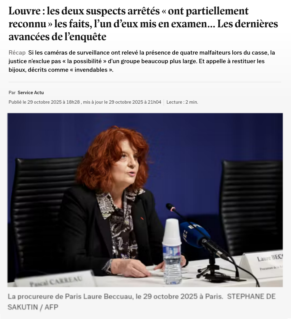 Снимок заголовка на nouvelobs.com - продолжается поиск драгоценностей Наполеона, похищенных из Лувра