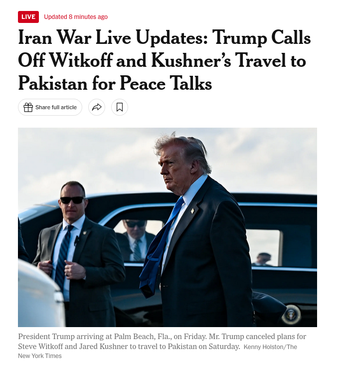 Снимок заголовка на nytimes.com – Трамп отменил поездку Уиткоффа и Кушнера на переговоры с Ираном