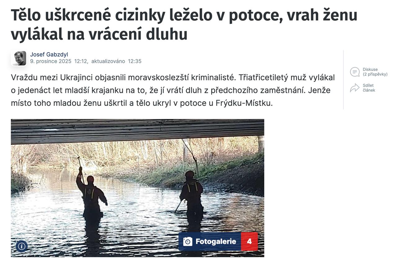 Знімок заголовка наidnes.cz - Українець убив співвітчизницю на території Чехії