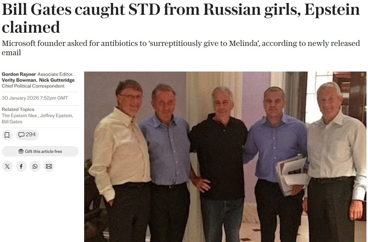 Снимок заголовка на telegraph.co.uk - Билл Гейтс подхватил ЗПП на вечеринке у Эпштейна 