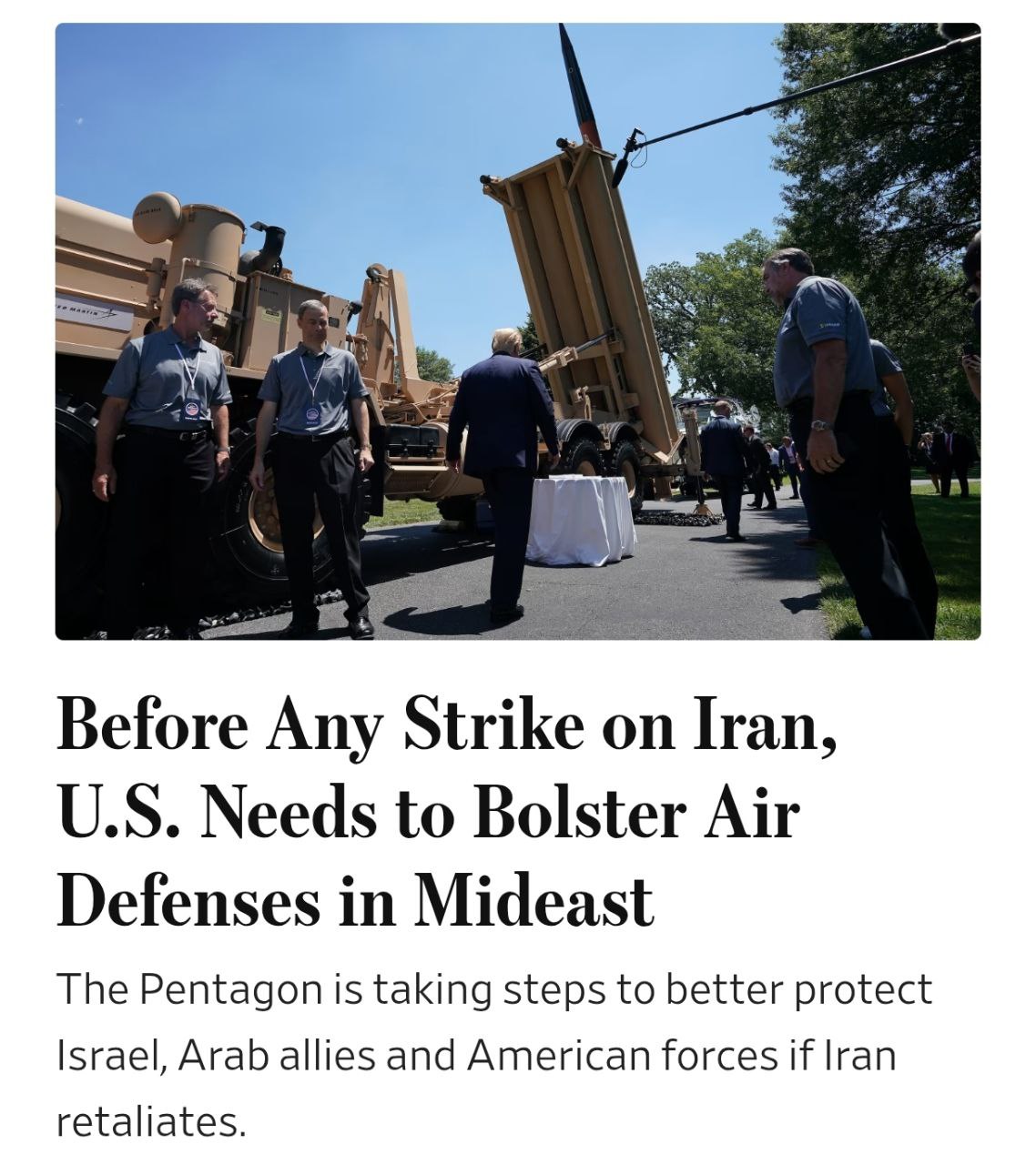 Снимок заголовка на wsj.com - США укрепят систему ПВО на Ближнем Востоке прежде чем атаковать Иран.