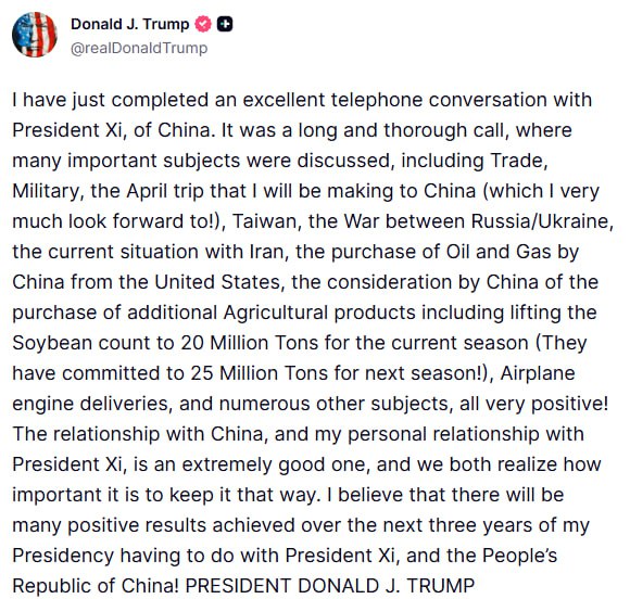 Снимок сообщения на truthsocial.com - Трамп провёл телефонный разговор с Си Цзиньпином
